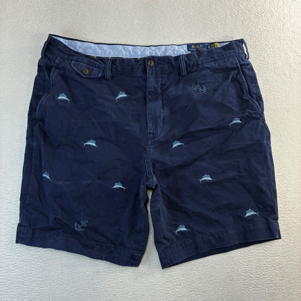 Polo Ralph Lauren Chino Short Men 38x9 Blue AOP Marlin Sword Fish Classic Preppy